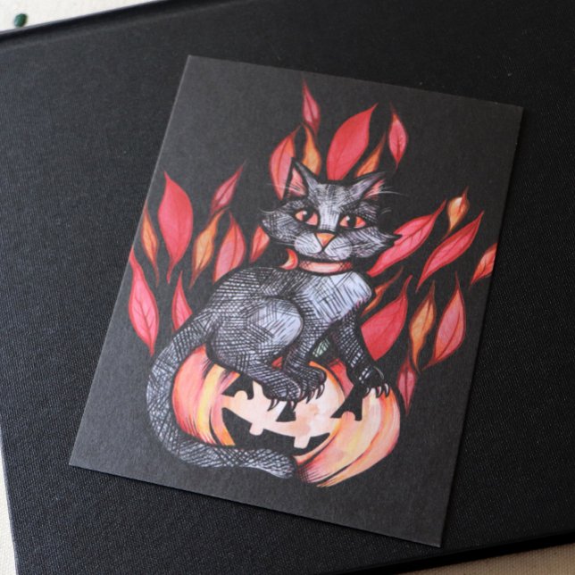 Schwarze Katze Kürbislaterne Herbst Natur Postkarte (Von Creator hochgeladen)
