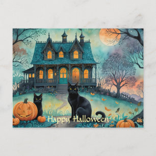 Schwarze Katze, Kürbislaternen, griechisches HausH Postkarte