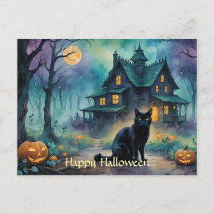 Schwarze Katze, Kürbislaternen, griechisches HausH Postkarte