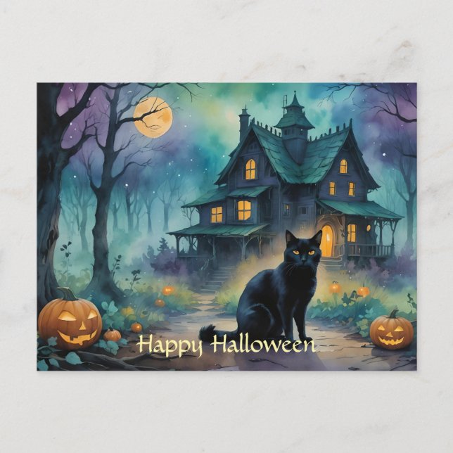 Schwarze Katze, Kürbislaternen, griechisches HausH Postkarte (Vorderseite)