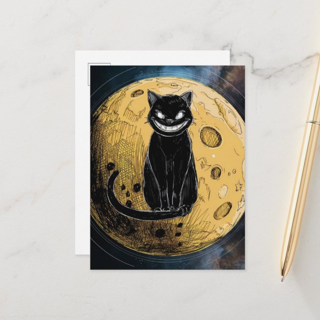 Schwarze Katze lächelt auf dem Mond Postkarte (Vorderseite/Rückseite Beispiel)