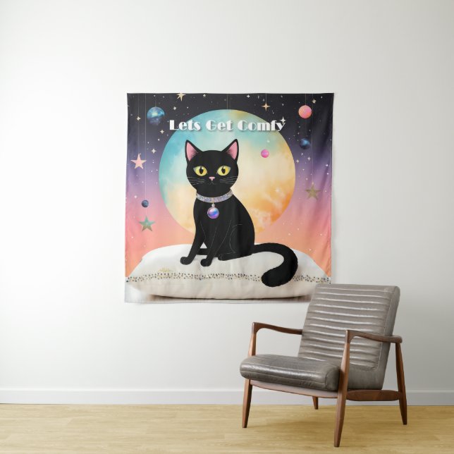 Schwarze Katze - Lass uns es uns gemütlich machen Wandteppich (Beispiel)