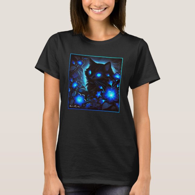 Schwarze Katze, leuchtend blau, miau T-Shirt (Vorderseite)