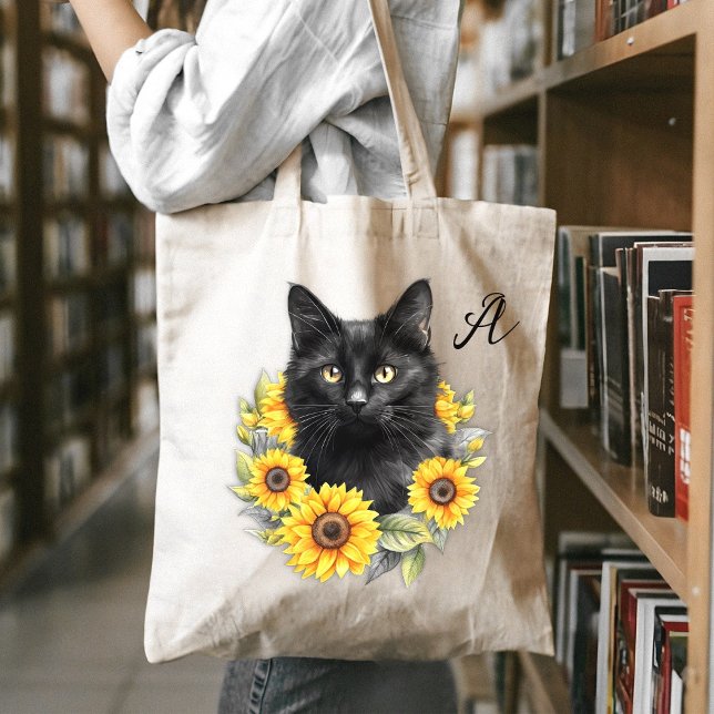 Schwarze Katze liebt Sonnenblumen Initiale Tragetasche (Von Creator hochgeladen)