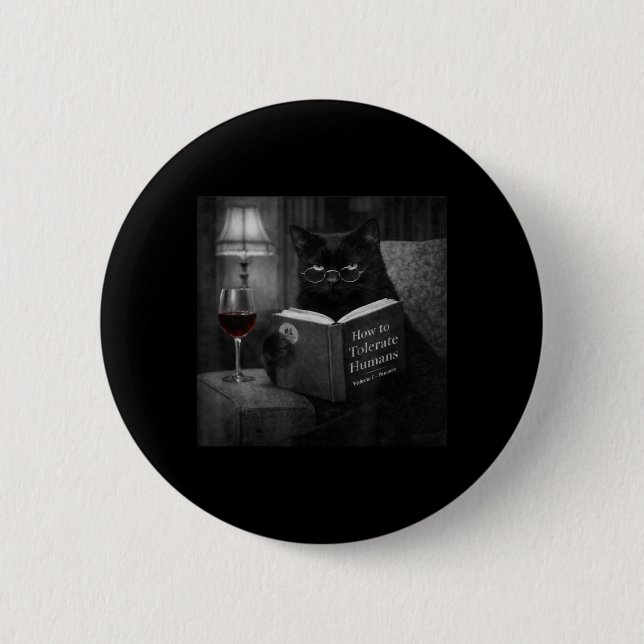 Schwarze Katze liest Buch Lustiges Retro-Katzenfot Button (Vorderseite)