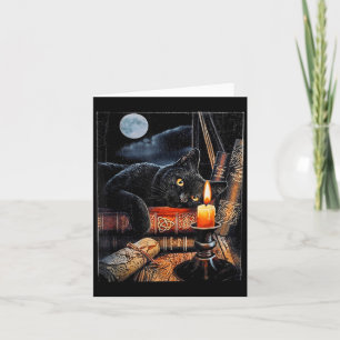 Schwarze Katze liest Bücher Hexenritual Karte