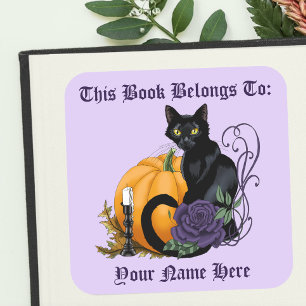 Schwarze Katze Lila Rose Kürbis Herbst Exlibris Quadratischer Aufkleber