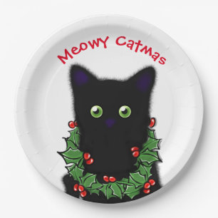 Schwarze Katze   Meowy Catmas Holly Beries Weihnac Pappteller