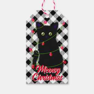 Schwarze Katze Meowy Weihnachtsblitz Gingham Geschenkanhänger