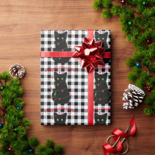 Schwarze Katze Meowy Weihnachtsblitz Gingham Geschenkpapier