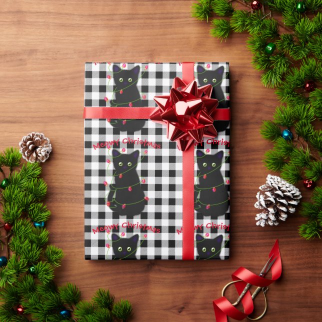 Schwarze Katze Meowy Weihnachtsblitz Gingham Geschenkpapier (Feiertagsgeschenk)