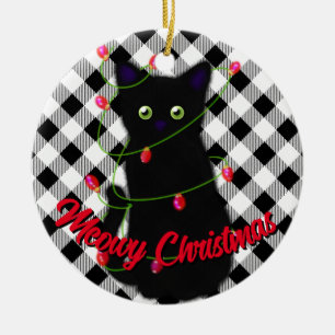 Schwarze Katze Meowy Weihnachtsblitz Gingham Keramik Ornament