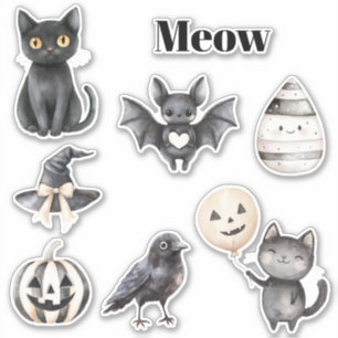 Schwarze Katze Miau Vogel Kürbis Fledermaus Aufkleber