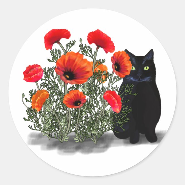 Schwarze Katze mit Aufklebern für Pflücke Runder Aufkleber (Vorderseite)