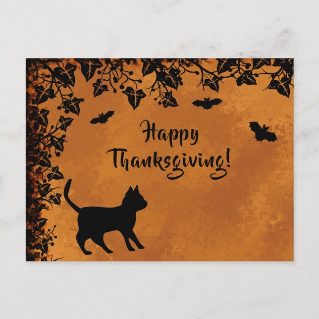 Schwarze Katze mit Bat, glückliches Erntedankfest Postkarte (Vorderseite)