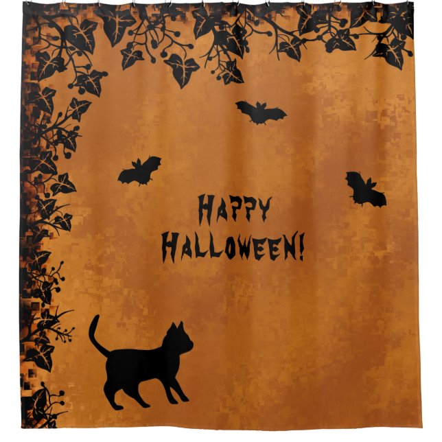 Schwarze Katze mit Bat, glückliches Halloween Duschvorhang (Vorderseite)