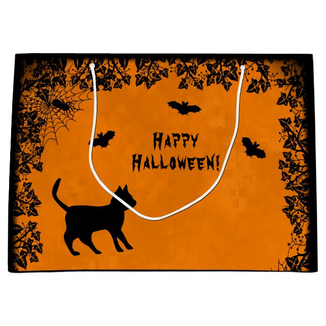 Schwarze Katze mit Bat , Glückliches Halloween! Große Geschenktüte (Vorderseite)