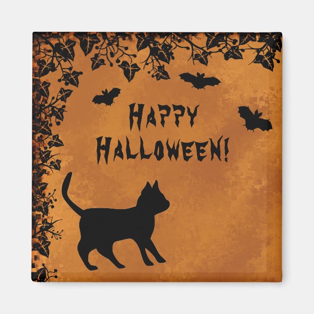 Schwarze Katze mit Bat, glückliches Halloween Magnet (Vorne)