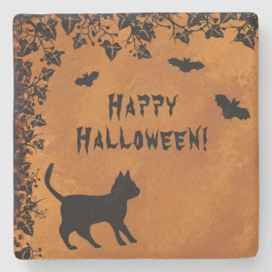 Schwarze Katze mit Bat, glückliches Halloween Steinuntersetzer
