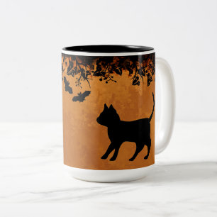 Schwarze Katze mit Bat, glückliches Halloween Zweifarbige Tasse