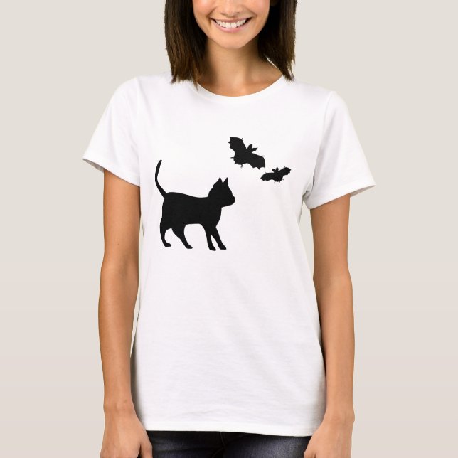 Schwarze Katze mit Bat T-Shirt (Vorderseite)