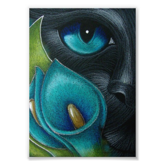 SCHWARZE KATZE mit BLAU/AQUA-CALLA LILY-BLUME DRUC Fotodruck (Vorne)