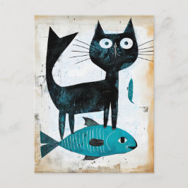 Schwarze Katze mit blauem Fisch Postkarte