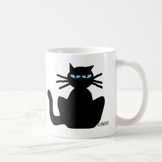 Schwarze Katze mit blauen Augen sitzend Staring Kaffeetasse (Rechts)