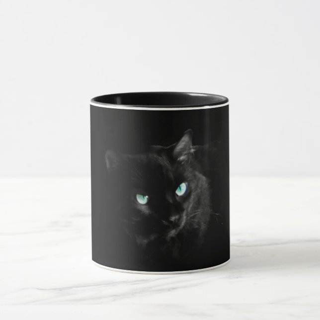 Schwarze Katze mit blauen Augen Tasse (Zentrum)