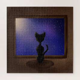 Schwarze Katze mit Blick aus Fenster Nachthimmel S