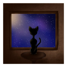 Schwarze Katze mit Blick aus Fenster Nachthimmel S Poster