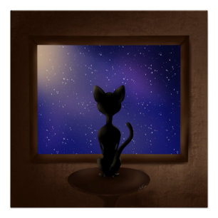Schwarze Katze mit Blick aus Fenster Nachthimmel S Poster