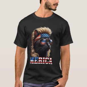 Schwarze Katze mit blonder Perücke Mullet 4. Juli T-Shirt