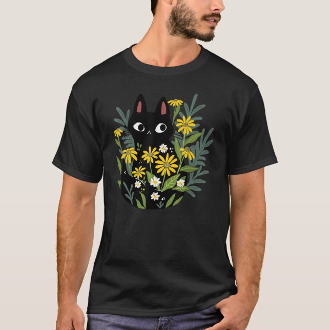 Schwarze Katze mit Blume Daisy Garden Folkkatze T-Shirt (Vorderseite)