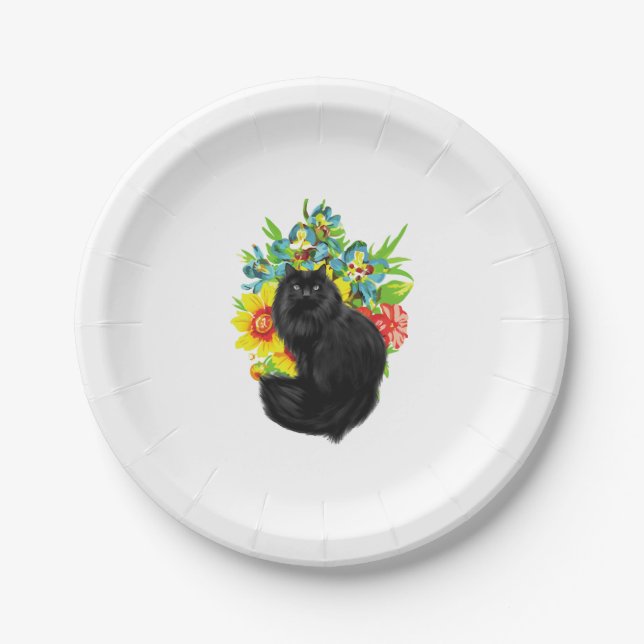 Schwarze Katze mit Blume Pappteller (Vorderseite)
