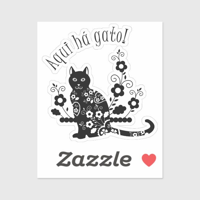 Schwarze Katze mit Blume und portugiesischer Auspr Aufkleber (Blatt)