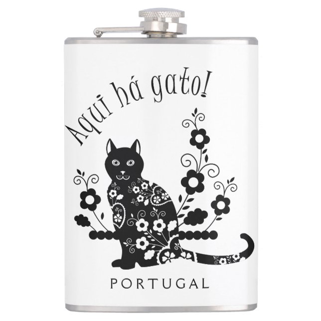 Schwarze Katze mit Blume und portugiesischer Auspr Flachmann (Vorderseite)