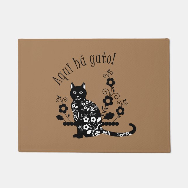 Schwarze Katze mit Blume und portugiesischer Auspr Fußmatte (Vorderseite)