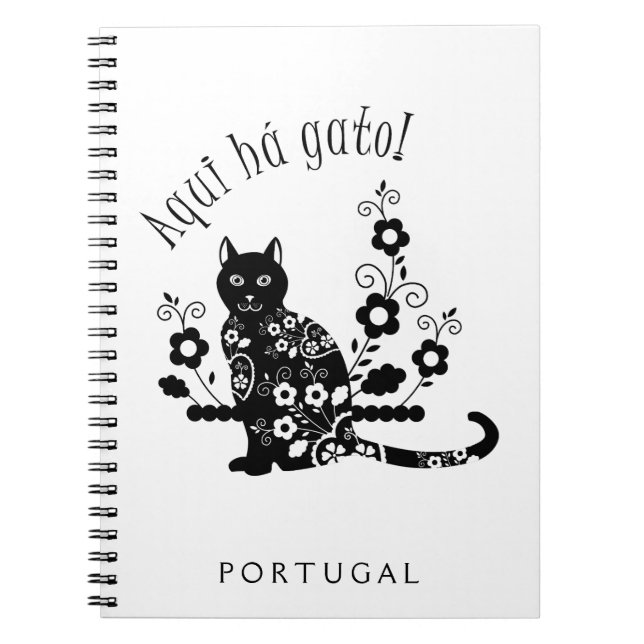 Schwarze Katze mit Blume und portugiesischer Auspr Notizblock (Vorderseite)
