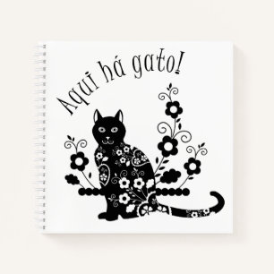 Schwarze Katze mit Blume und portugiesischer Auspr Notizbuch