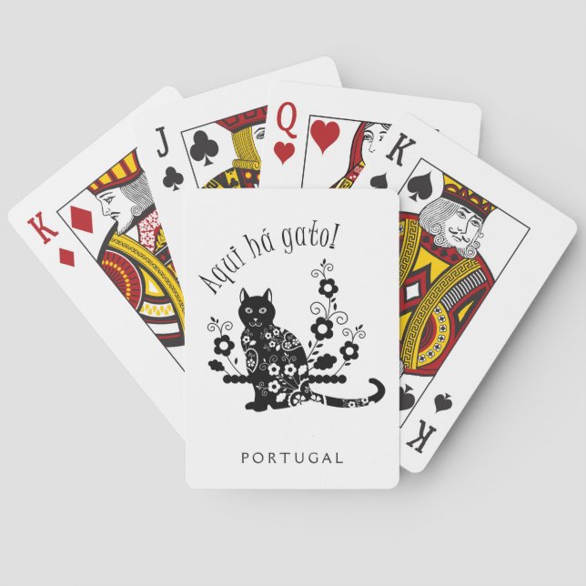 Schwarze Katze mit Blume und portugiesischer Auspr Spielkarten (Rückseite)