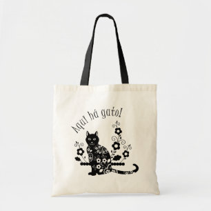 Schwarze Katze mit Blume und portugiesischer Auspr Tragetasche