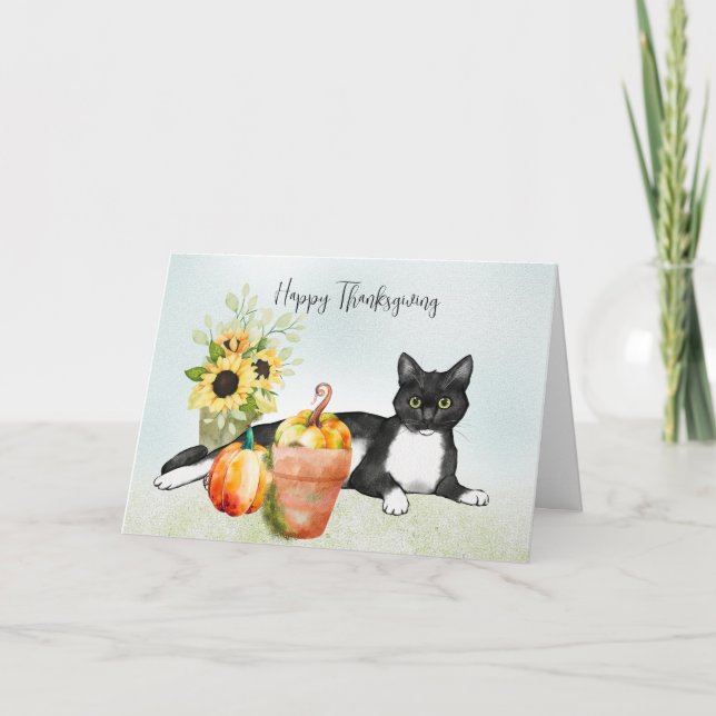 Schwarze Katze mit Blume und Pumpkins Erntedank Karte (Vorderseite)