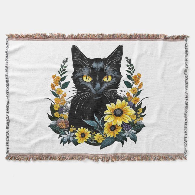 schwarze Katze mit Blumen Decke (Vorderseite)