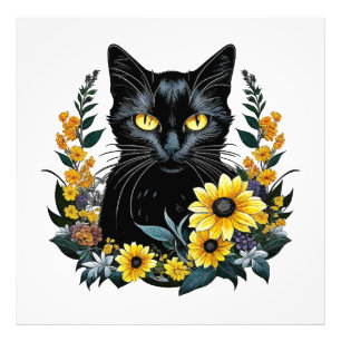 schwarze Katze mit Blumen Fotodruck
