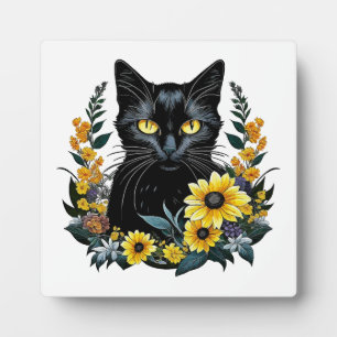 schwarze Katze mit Blumen Fotoplatte
