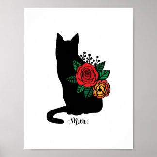 Schwarze Katze mit Blumen Poster