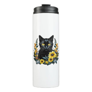 schwarze Katze mit Blumen Thermosbecher