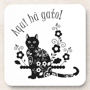 Schwarze Katze mit Blumen und portugiesischem Ausd Getränkeuntersetzer