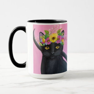 Schwarze Katze mit Blumenkrone Tasse